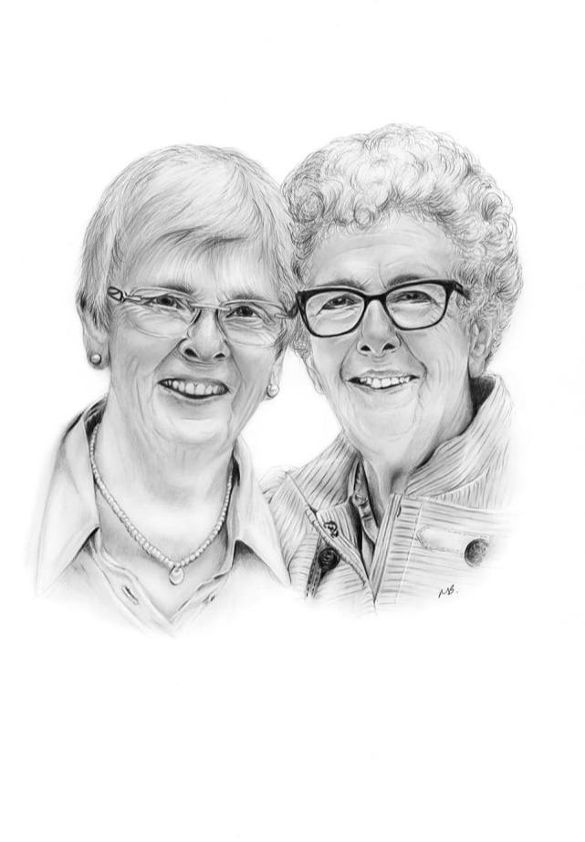 A pencil portrait of two ladies.